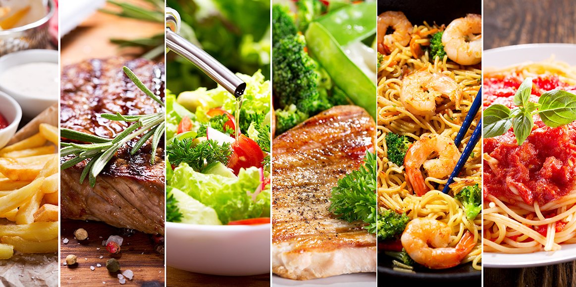 zu sehen sind Pommes, Steak, Salat, mageres Fleisch, Garnelen, Spaghetti, Tacos, gegrilltes und Kaffee
