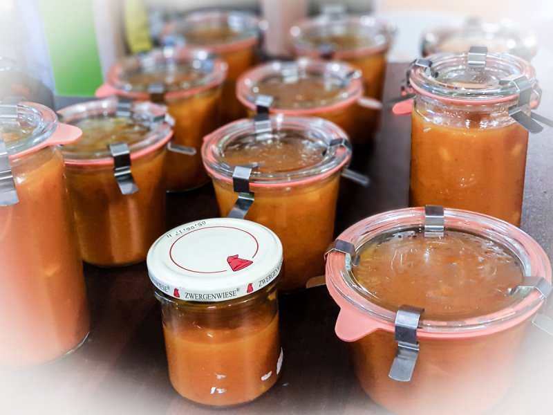 frisch abgefüllte gläser mit kürbis-apfel-marmelade