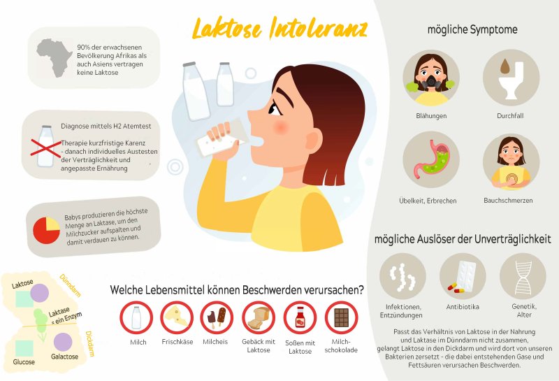 Laktoseintoleranz dargestellt, Symptome, Ursachen, Therapie usw.