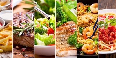 verschiedene Speisen appetitanregend zu sehen sind Pommes, Steak, Salat, mageres Fleisch, Garnelen, Spaghetti, Tacos, gegrilltes und Kaffee