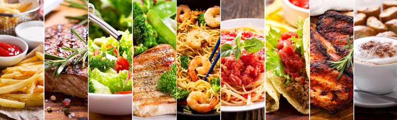 verschiedene Speisen appetitanregend zu sehen sind Pommes, Steak, Salat, mageres Fleisch, Garnelen, Spaghetti, Tacos, gegrilltes und Kaffee